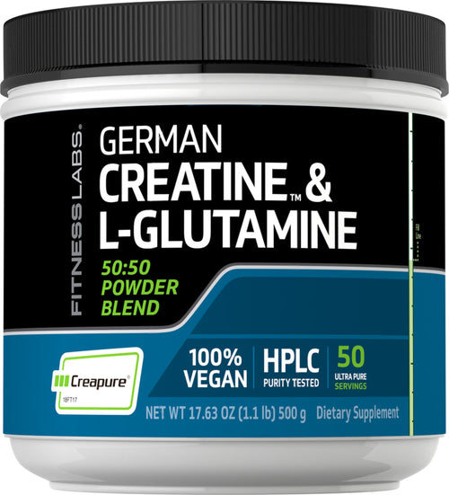 เยอรมนี ครีเอทีน โมโนไฮเดรต (Creapure) & แอล-กลูตามีนผง (50:50 Blend) 10 กรัม (ต่อหน่วยบริโภค) 1.1 ปอนด์ 500 g ขวด  
