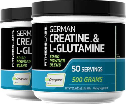 German Creatine (Creapure) & L-Glutaminepoeder (50:50 mix) 10 gram (per portie) 1.1 pond 500 g Fles 2 Flessen