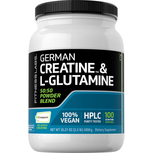 German Kreatiinimonohydraatti(Creapure) & L-glutamiinijauhe (50:50 seos) 10 grammaa (annosta kohti) 2.2 lb 1000 g Pullo  