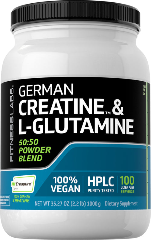 เยอรมนี ครีเอทีน โมโนไฮเดรต (Creapure) & แอล-กลูตามีนผง (50:50 Blend) 10 กรัม (ต่อหน่วยบริโภค) 2.2 ปอนด์ 1000 g ขวด  