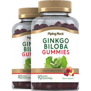 Ginkgo Biloba Gummies (Natural Peach Raspberry), 90 Vegan Gummies, 2  Bottles