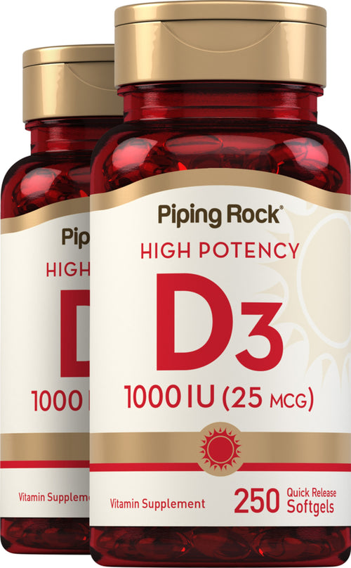 High Potency Vitamin D3, 1000 IU, 250 Quick Release Softgels, 2  Bottles
