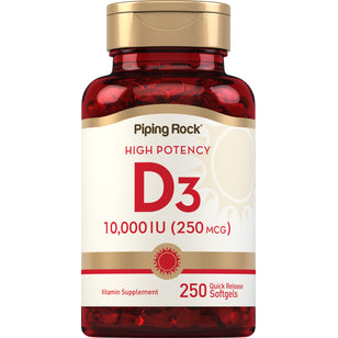 Vitamina D3 de Alta Potência 10,000 IU 250 Gels de Rápida Absorção     