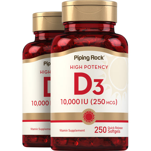 Vitamine de haute puissance D3 ,  10,000 IU 250 Capsules molles à libération rapide 2 Bouteilles
