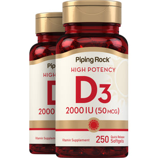 High Potency Vitamin D3, 2000 IU, 250 Quick Release Softgels, 2  Bottles