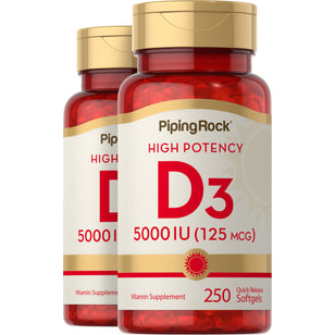 High Potency Vitamin D3, 5000 IU, 250 Quick Release Softgels, 2  Bottles