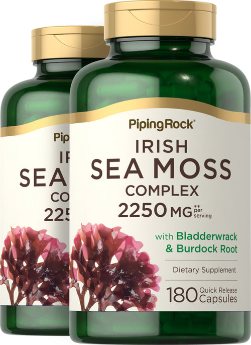 Complexe de mousse de mer d'Irlande avec fucus vésiculeux et racine de bardane,  2250 mg (par portion) 180 Gélules à libération rapide 2 Bouteilles