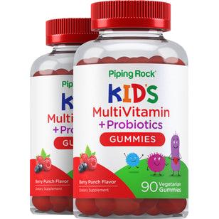 Barn multivitamin + probiotiske gummitabletter (deilig bærpunch)  90 Vegetariske gummitabletter 2 Flasker  