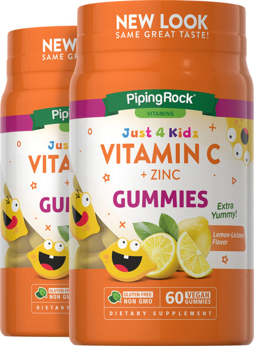 Gominolas de vitamina C + zinc para niños (sabor limón delicioso) 60 Veganska gummies 2 Botellas/Frascos