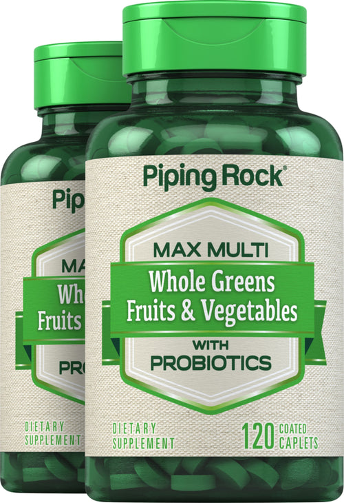 Max Whole Greens/Fruits & Vegetables with Probiotics, 120 Coated Caplets, 2  Bottles