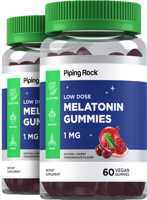 Melatonin-Gummis (Kirsche-Granatapfel)  1 mg 60 Vegane Gummibärchen 2 Flaschen   