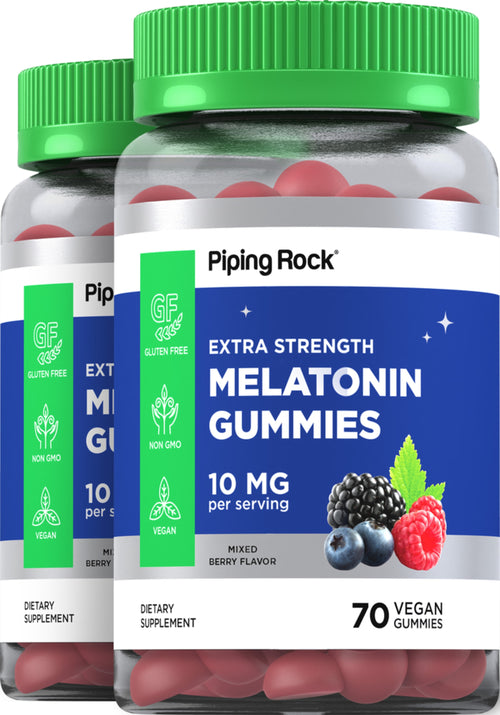 Melatoningummitabletter (naturlig bær) 10 mg (per dose) 70 Veganske gummitabletter 2 Flasker