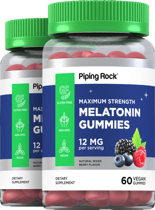 Melatonin-Gummibärchen (natürliche Beere) 12 mg 60 Vegane Gummibärchen 2 Flaschen  