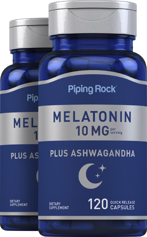 Mélatonine Plus Ashwagandha 10 mg (par portion) 120 Gélules à libération rapide 2 Bouteilles   