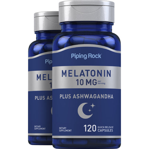 Mélatonine Plus Ashwagandha 10 mg (par portion) 120 Gélules à libération rapide 2 Bouteilles   