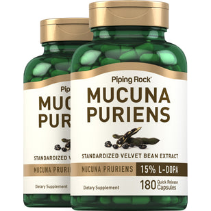 Mucuna pruriens padronizada (feijão de veludo)  350 mg 180 Cápsulas de Rápida Absorção ,2 Frascos   