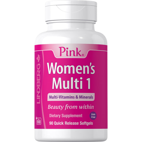 Pink Women's Multi 1 bez żelaza 90 Miękkie kapsułki żelowe o szybkim uwalnianiu       
