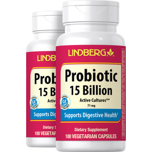 Probiotic 14 Strains 15 Billion Active Cells plus Prebiotic, 100 Vegetarian Capsules, 2  Bottles