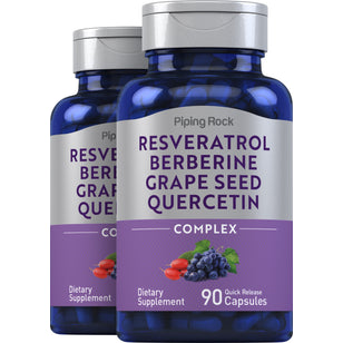 Resveratrol Berberină Extract de semințe de struguri Extract de quercetină 90 Capsule cu eliberare rapidă 2 Sticle  