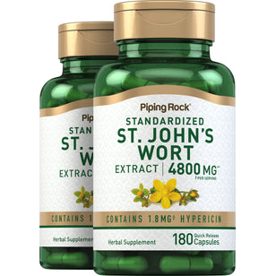 St. John's Wort 1.8% hypericin (Standardized Extract), 4800 mg (per serving), 180 Quick Release Capsules, 2  Bottles