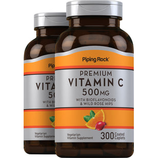 Vitamin C 500 mg with Bioflavonoids & Rose Hips, 300 Coated Caplets, 2  Bottles