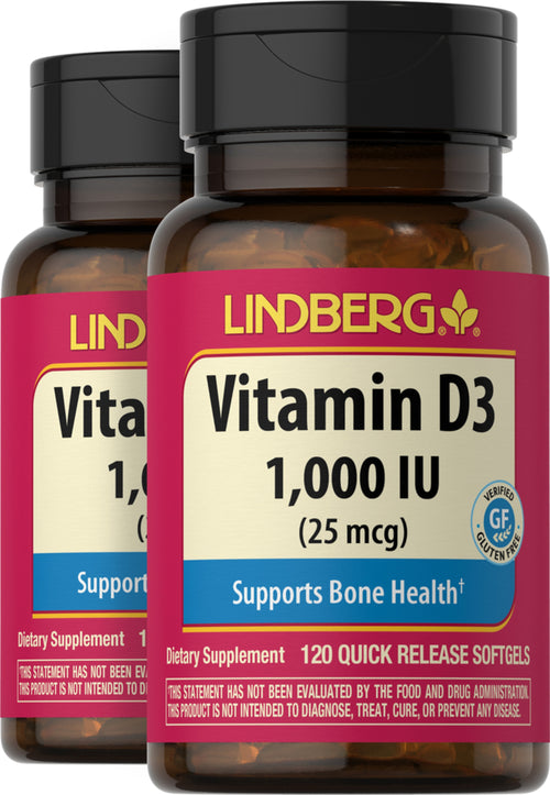Vitamine D 3,  1000 IU 120 Capsules molles à libération rapide 2 Bouteilles