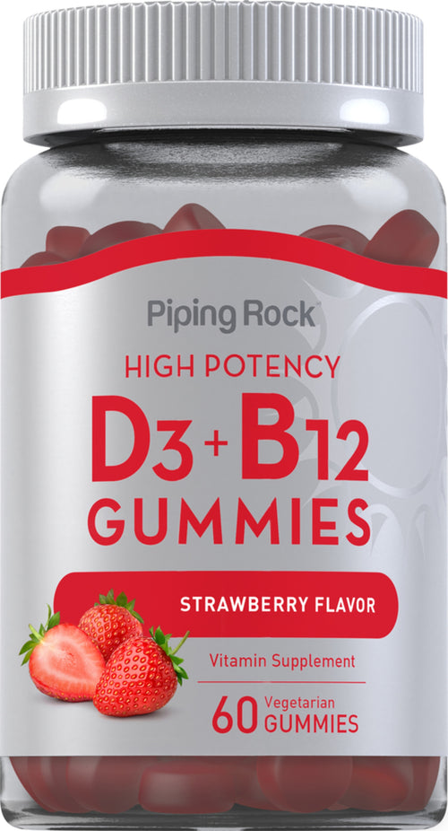 Vitamin D3 & + B12 (Naturlig jordbær) 60 Vegetariske gummitabletter       