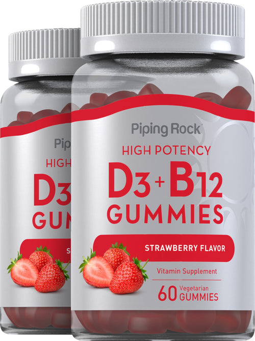 Vitamin D3 + B12 (Natural Strawberry), 60 Vegetarian Gummies, 2  Bottles