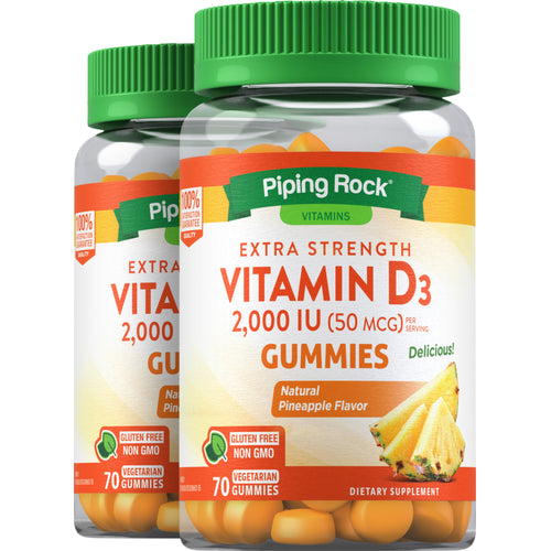 Bonbons gélifiés aux Vitamines D3 (Ananas naturel) 2000 IU 70 Gommes végératiennes 2 Bouteilles   
