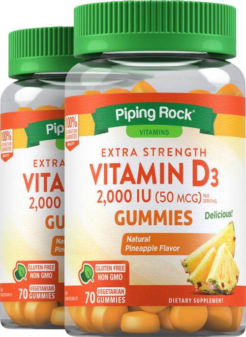 Bonbons gélifiés aux Vitamines D3 (Ananas naturel) 2000 IU 70 Gommes végératiennes 2 Bouteilles   