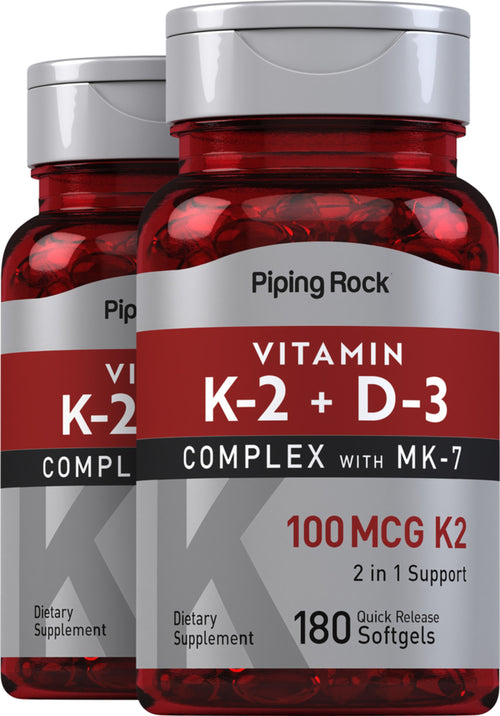 Complexe de vitamines K-2 + D3,  180 Capsules molles à libération rapide 2 Bouteilles