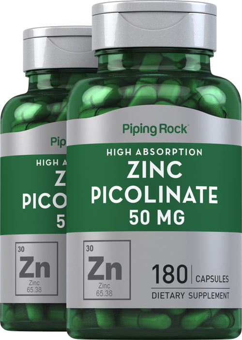 Picolinate de zinc (Zinc à haute absorption),  50 mg 180 Gélules à libération rapide 2 Bouteilles