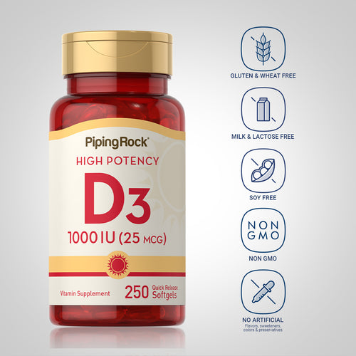 High Potency Vitamin D3, 1000 IU, 250 Quick Release Softgels Dietary Attribute