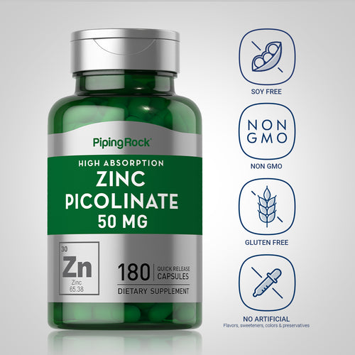 Picolinato de zinco (zinco de elevada absorção) 50 mg 180 Cápsulas de Rápida Absorção     