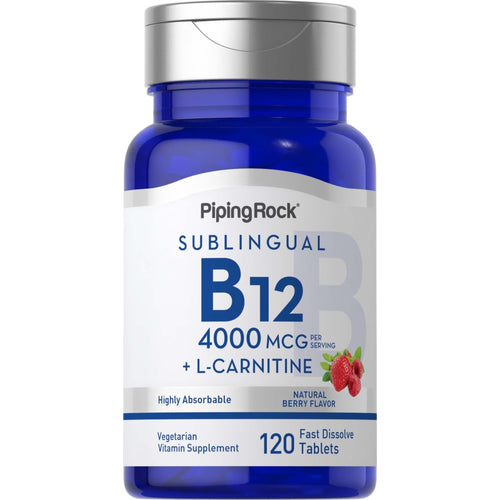 B12 (kielen alle) 4000 mcg (annosta kohti) + L-karnitiini (luonnollinen marja) 120 Nopeasti liukenevat tabletit       