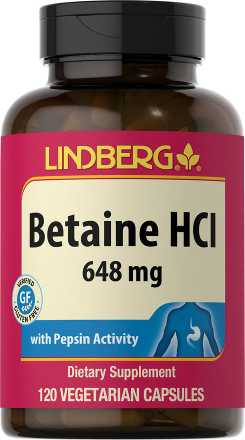 Clorhidrato de betaína, 648 mg, con actividad de pepsinas 120 Cápsulas vegetarianas       