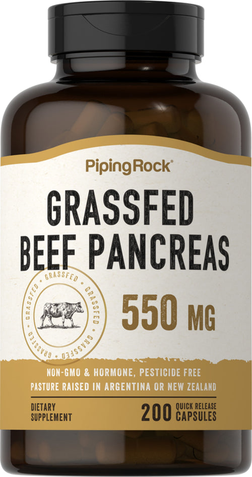 Pâncreas de carne de bovino alimentado com relva 550 mg 200 Cápsulas de Rápida Absorção     
