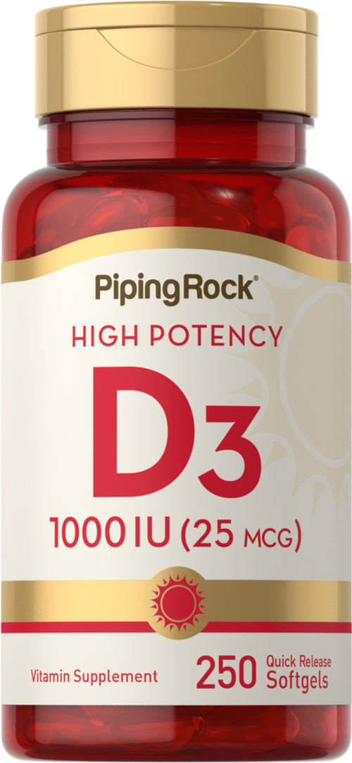 High Potency Vitamin D3, 1000 IU, 250 Quick Release Softgels Bottle