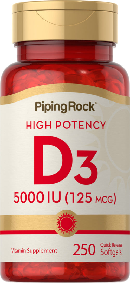 Høypotent vitamin D3  5000 IU 250 Hurtigvirkende myke geleer     