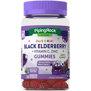 Kids Black Elderberry + Vitamin C, Zinc Gummies (Natural Berry Burst Flavor), 50 Vegan Gummies
