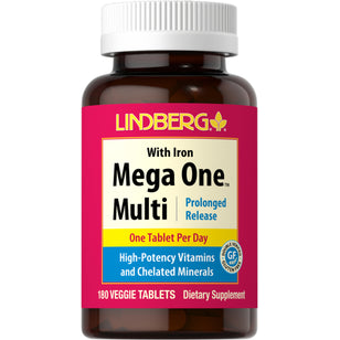 Mega One multivitamin med jern (forlenget frigjøring) 180 Vegetarianske tabletter       
