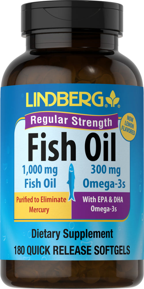 Omega-3 fiskeolje vanlig styrke (sitron) 1000 mg 180 Hurtigvirkende myke geleer     
