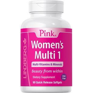 Pink Women's Multi 1 bez żelaza 90 Miękkie kapsułki żelowe o szybkim uwalnianiu       