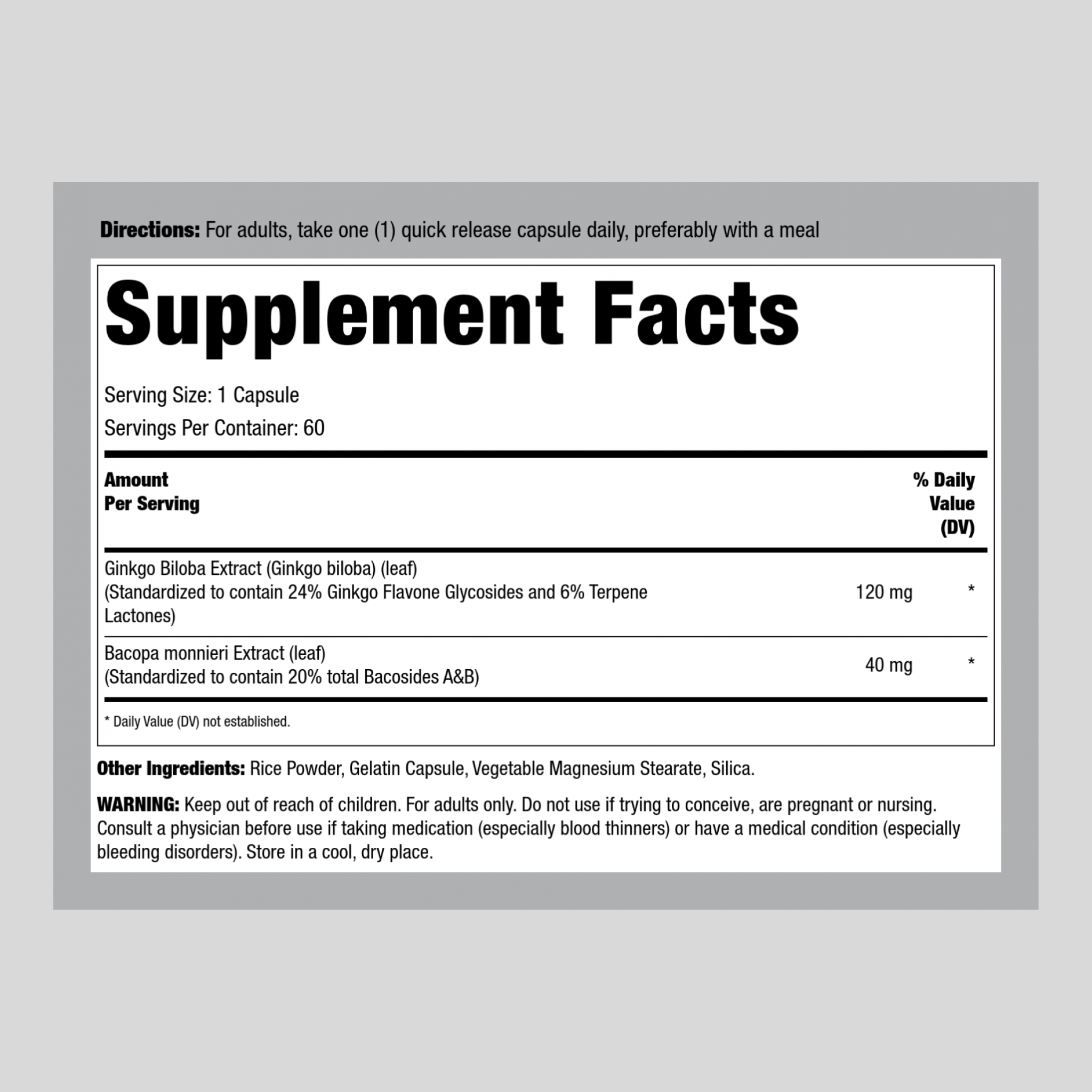 Ginkgo Biloba Standardized Extract, 120 mg, 60 Capsules