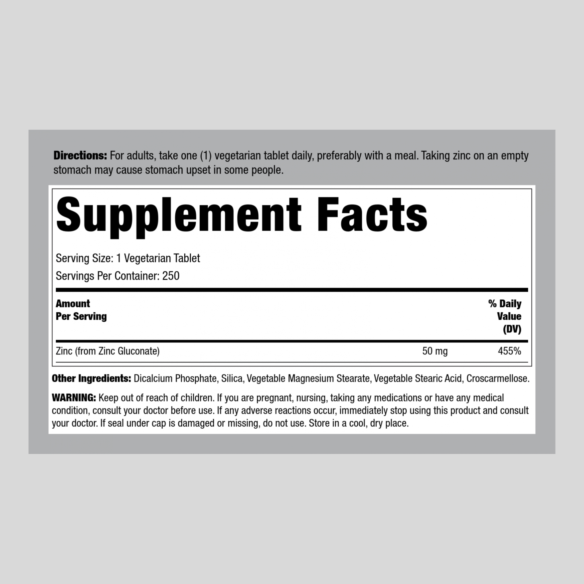 Zinc Gluconate, 50 mg, 250 Vegetarian Tablets