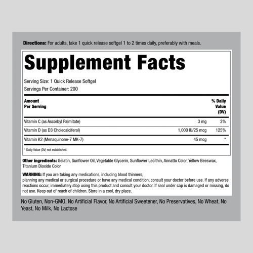 Vitamin D3 & K-2, 45 mcg, 200 Quick Release Softgels Ingredients